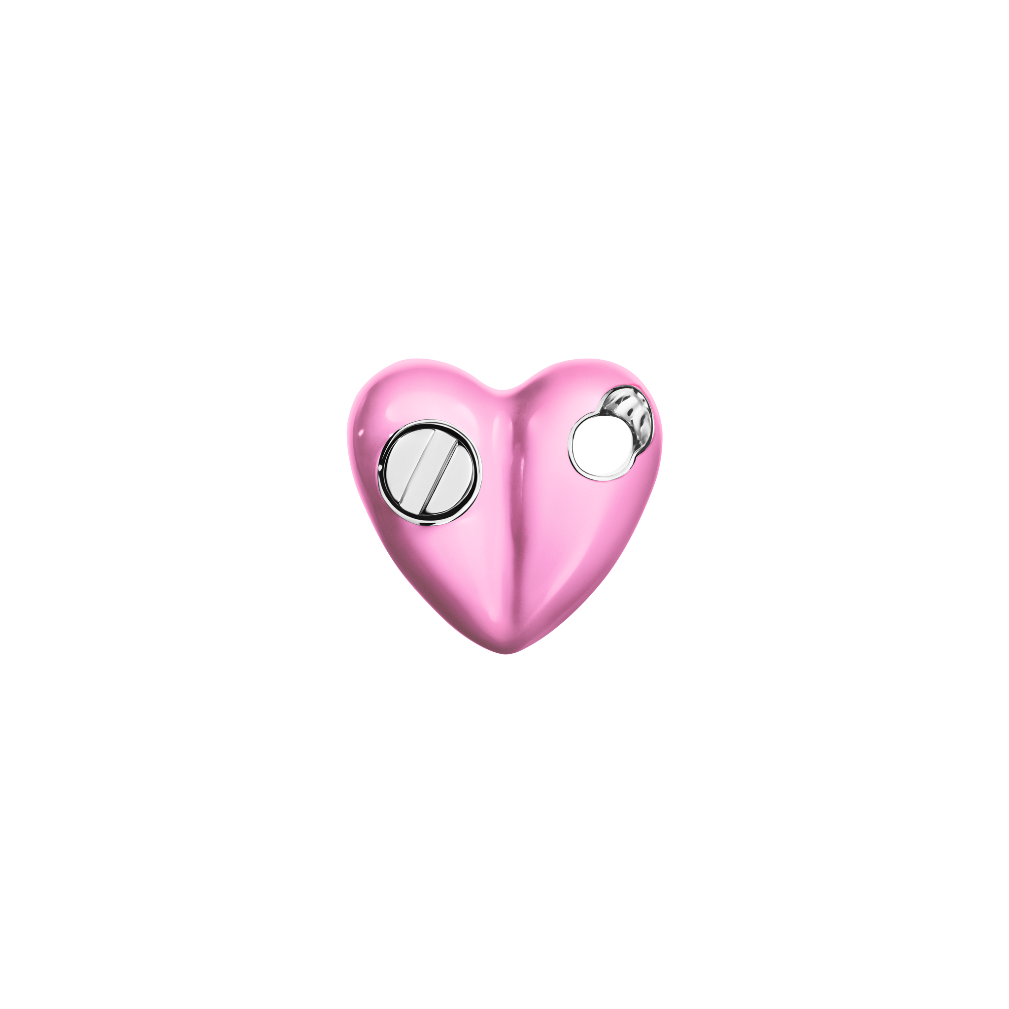 A detail of Bullet Hole Heart Pendant with Screws Mini in Retba Pink/Flame
